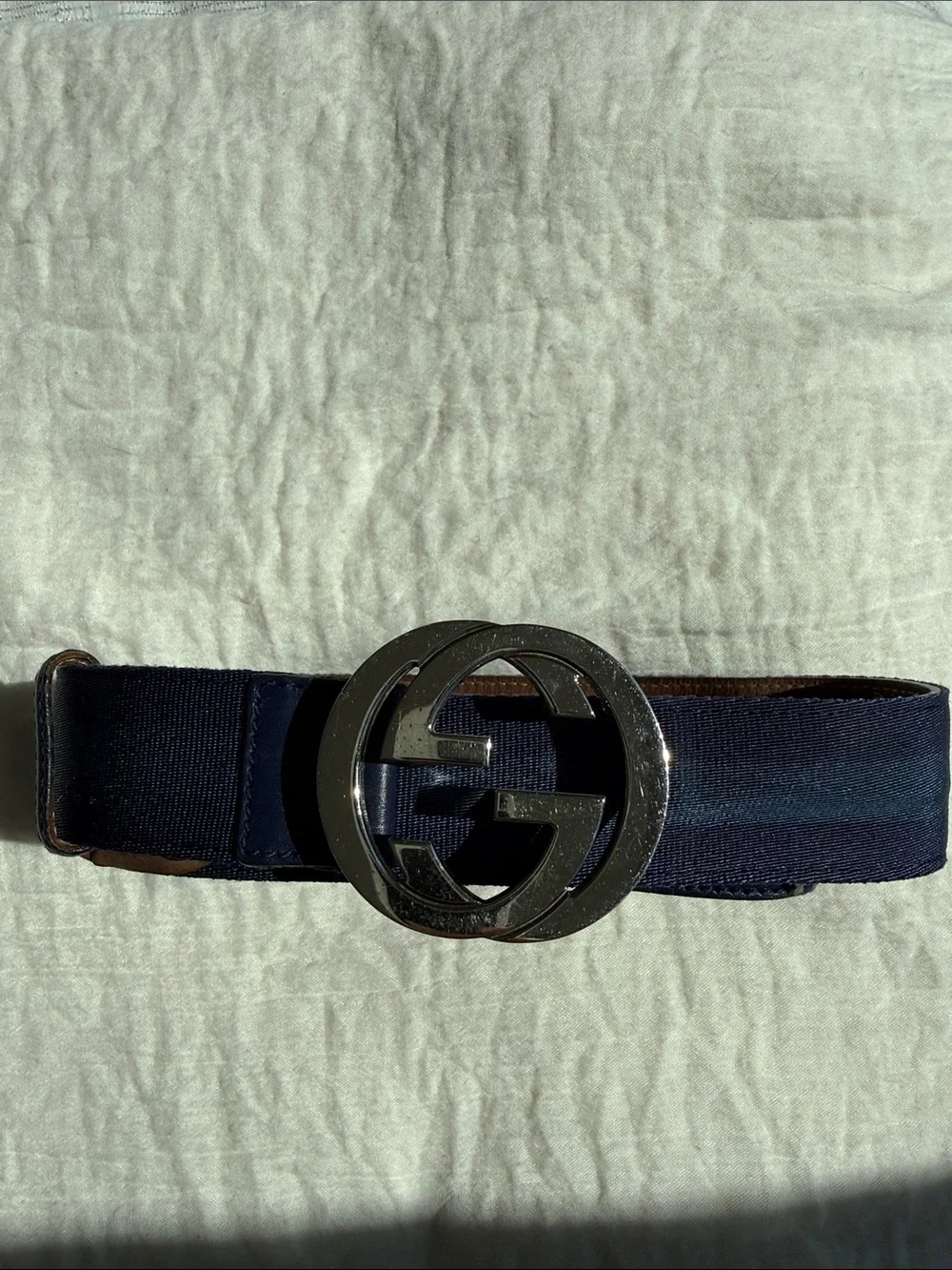 Gucci Navy Web Belt with Silver Double G Buckle